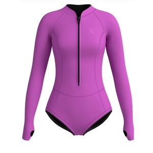 KMT Womens Long Sleeve Shorty Wetsuit 2mm Front Zip Springsuit Fuchsia Size 10